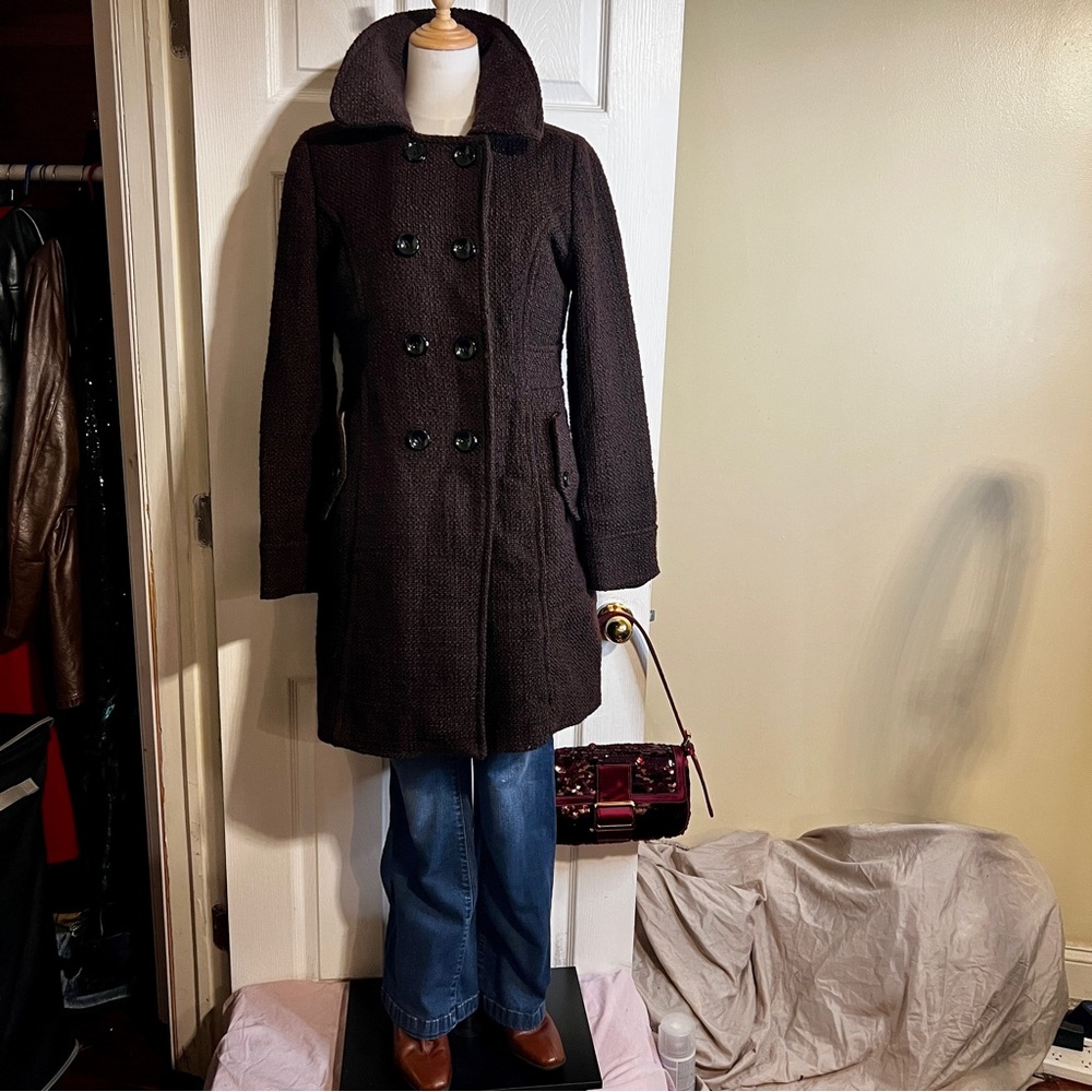Old Navy Y2K Fall 2010 Chocolate Brown Wool Blend Tweed Boucle Midi Peacoat‎ L